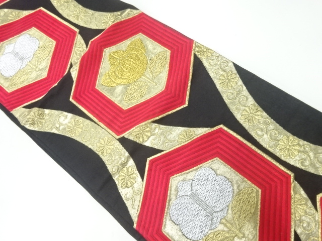 アンティーク　亀甲に橘・遠州椿模様織出し袋帯（材料）